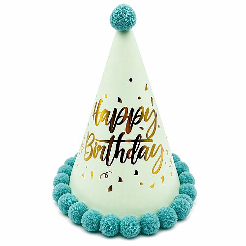 Ponponlu Şapka Makaron Parlak Happy Birthday Varak Baskılı Mavi - 