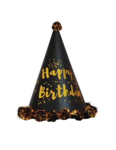 Ponponlu Şapka Parlak Happy Birthday Varak Baskılı Siyah 17 Cm - 1