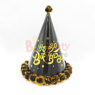 Ponponlu Şapka Parlak Happy Birthday Varak Baskılı Siyah - 1