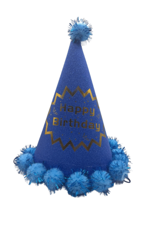 Ponponlu Şapka Simli Happy Birthday Baskılı 25 Cm Mavi - 