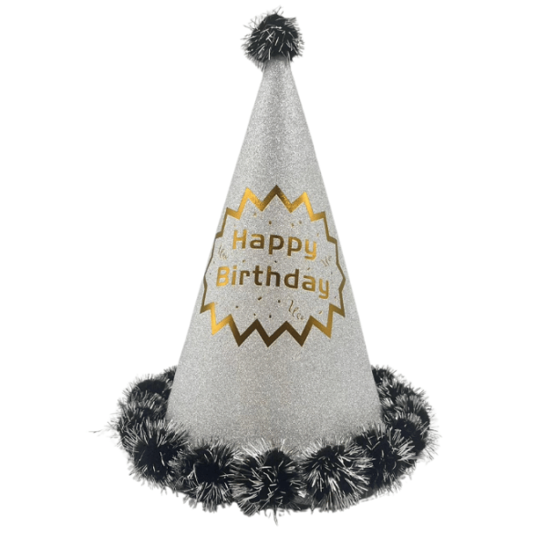 Ponponlu Şapka Simli Happy Birthday Baskılı 25 Cm Gümüş - 