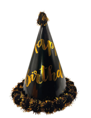 Ponponlu Şapka Varaklı Happy Birthday Siyah 20 Cm - 
