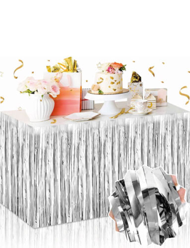 Dekoratif Püsküllü Masa Eteği Parlak Gümüş Renk 240x75 Cm - 