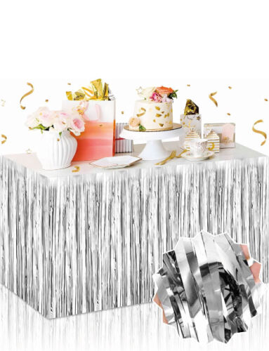 Dekoratif Püsküllü Masa Eteği Mat Gümüş Renk 240x75 Cm - 