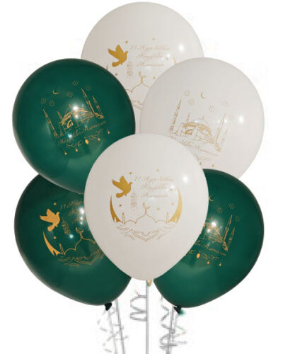 Ramazan Lateks Balon Baskılı Yeşil Beyaz 12'' 100 Parça - 