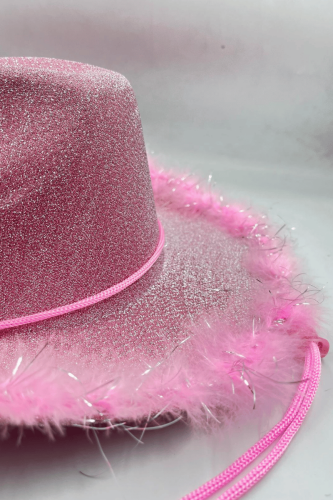 Şapka Fotr Simli Tüylü Lüks Pembe - 4