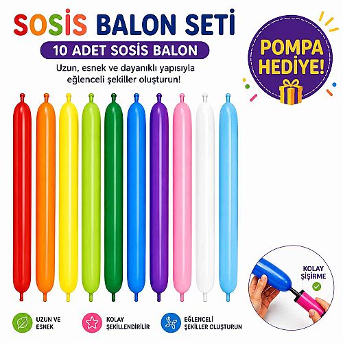 Sosis Balon 10'lu ve Pompa Set - 