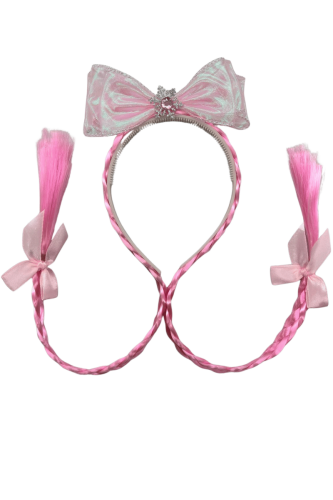 Peruk Saç Taç Fiyonklu Pembe Örgülü - 