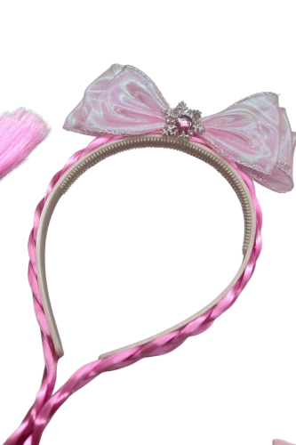 Peruk Saç Taç Fiyonklu Pembe Örgülü - 2