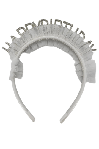 Taç Taşlı Happy Birthday Yazılı Tüllü Beyaz - 