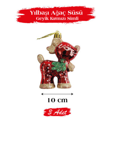 Yılbaşı Ağaç Süsü Geyik Kırmızı Simli 10 Cm 3 Parça - 