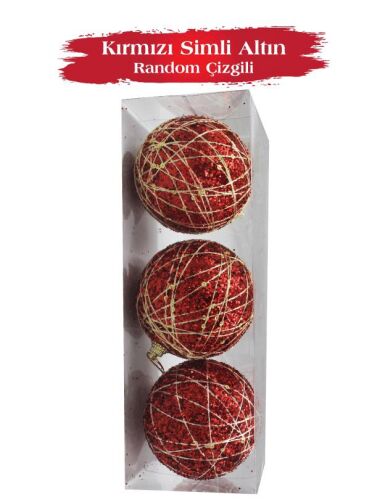 Yılbaşı Top Süs 8 Cm Kırmızı Altın Random İpli 3lü - 2