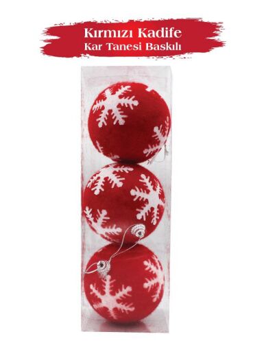Yılbaşı Top Süs 8 Cm Kırmızı Kadife Beyaz Kar Tanesi 3 lü - 2