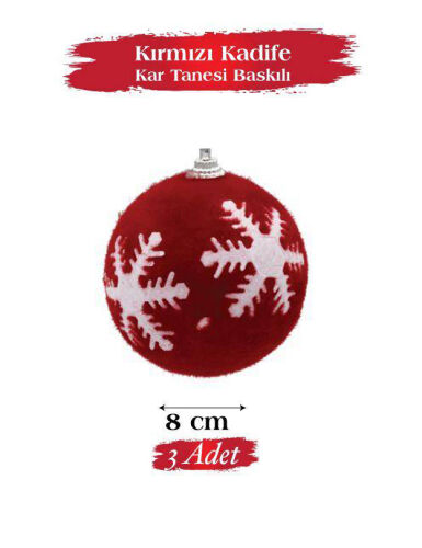 Yılbaşı Top Süs 8 Cm Kırmızı Kadife Beyaz Kar Tanesi 3 lü - 1