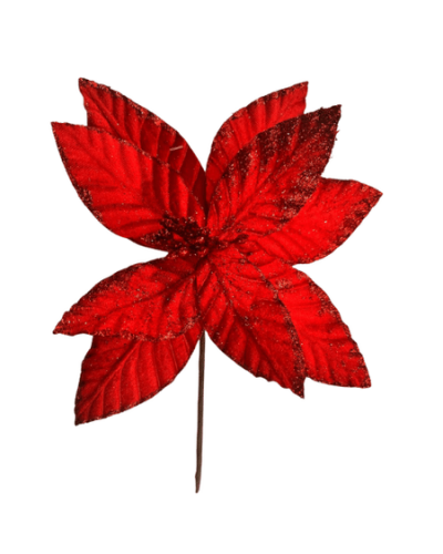 Yılbaşı Çam Dalı Atatürk Çiçeği 9 Yaprak Kırmızı Simli 30 Cm - 