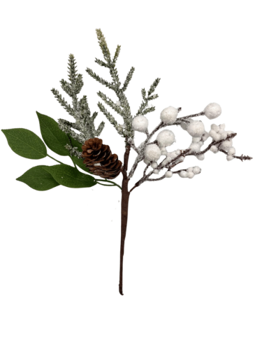 Yılbaşı Çam Dalı Beyaz Berry Çiçekli Kozalaklı 28 Cm - 1