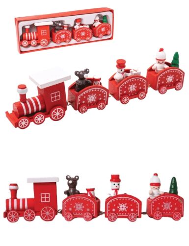 Yılbaşı Dekoratif Tren Ahşap Figürlü Eklemeli 5 li Kırmızı - 