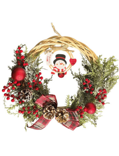 Yılbaşı Kapı Süsü Bambu Çelenk Süslü Fiyonklu Kardan Adam Figürlü Lüks 30 cm - 1