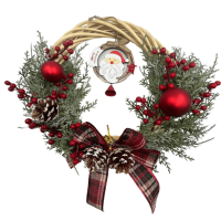 Yılbaşı Kapı Süsü Bambu Çelenk Süslü Fiyonklu Noel Baba Figürlü Lüks 30 cm - 1