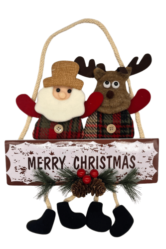 Yılbaşı Kapı Süsü Merry Christmas Geyikli Figür 35 Cm Renkli 2 li - 1