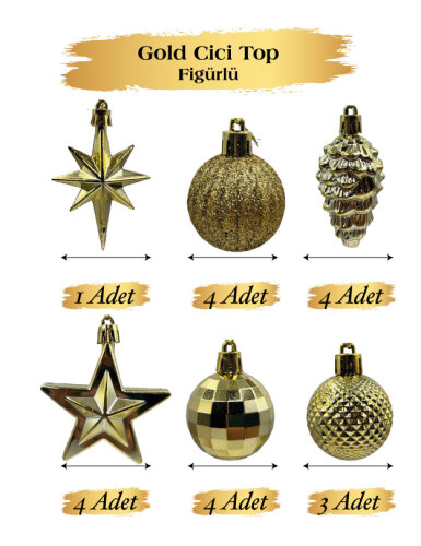 Yılbaşı Karma Süs Asetatlı 4 Cm Top + Figürler 20 Parça Altın - 1