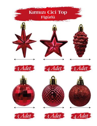 Yılbaşı Karma Süs Asetatlı 4 Cm Top + Figürler 20 Parça Kırmızı - 1