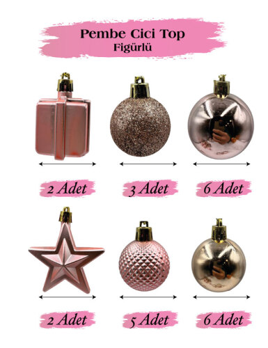 Yılbaşı Karma Süs Asetatlı 4 Cm Top + Figürler 20 Parça Rose Gold - 1
