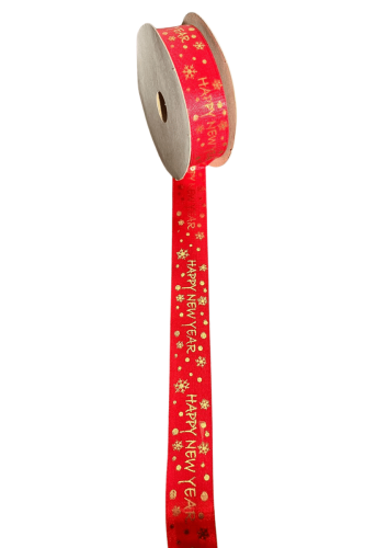 Yılbaşı Kurdale Saten Happy New Year Kırmızı Model Baskılı 2.5 Cm 20 Metre - 1