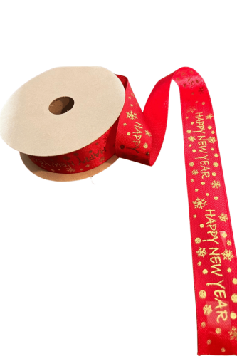 Yılbaşı Kurdale Saten Happy New Year Kırmızı Model Baskılı 2.5 Cm 20 Metre - 2