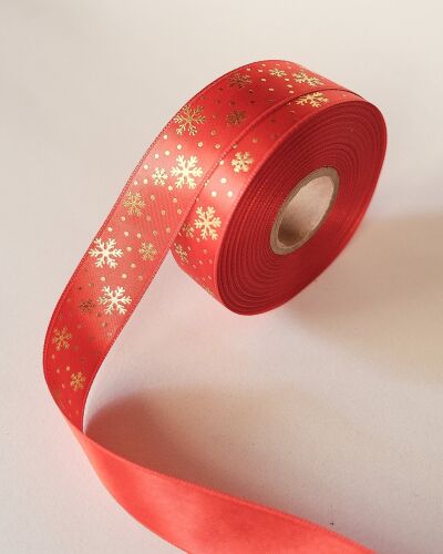 Yılbaşı Kurdele Varaklı Baskılı 3 Cm 45 Metre Kırmızı Kar Taneli Model - 2