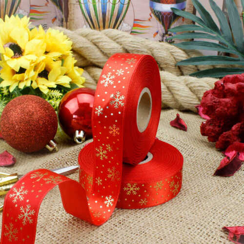 Yılbaşı Kurdele Varaklı Baskılı 3 Cm 45 Metre Kırmızı Kar Taneli Model - 
