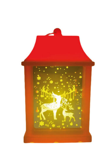 Yılbaşı Ledli Fener Kare Aynalı Geyikli Model 10 Cm Kırmızı - 