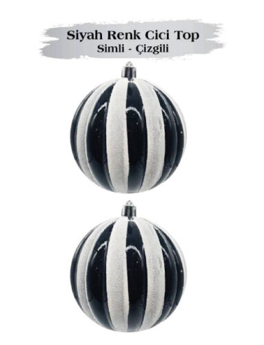 Yılbaşı Top Süs 10 Cm Beyaz Çizgili Simli 2 Parça Siyah - 