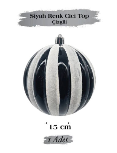 Yılbaşı Top Süs 15 Cm Beyaz Çizgili Simli Siyah - 