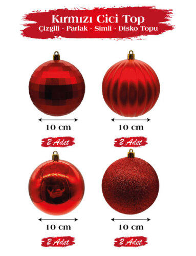 Yılbaşı Top Süs 10 Cm Parlak-Simli-Çizgili-Disco Desenli 8 Parça - 