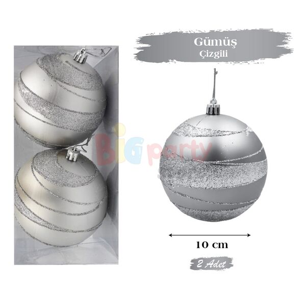 Yılbaşı Top Süs 10 Cm Simli Şeritli Gümüş 2li - 1