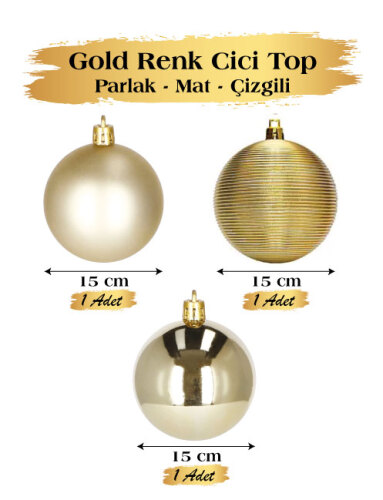 Yılbaşı Top Süs 15 Cm 3 Parça Mat Parlak Çizgili Altın - 1