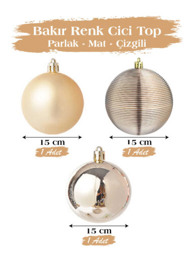 Yılbaşı Top Süs 15 Cm 3 Parça Mat Parlak Çizgili Bakır - 1