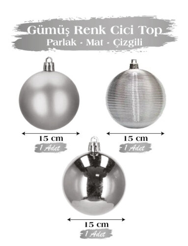 Yılbaşı Top Süs 15 Cm 3 Parça Mat Parlak Çizgili Gümüş - 1