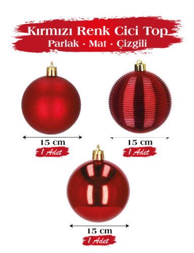 Yılbaşı Top Süs 15 Cm 3 Parça Mat Parlak Çizgili Kırmızı - 1