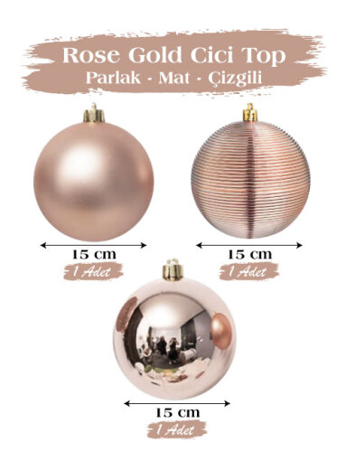 Yılbaşı Top Süs 15 Cm 3 Parça Mat Parlak Çizgili Rose Gold - 1