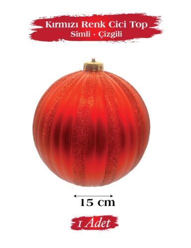 Yılbaşı Top Süs 15 Cm Çizgili Simli Kırmızı - 1