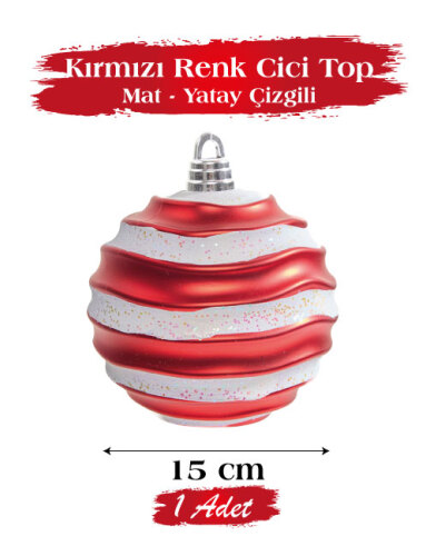 Yılbaşı Top Süs 15 Cm Beyaz Yatay Çizgili Mat Kırmızı - 1