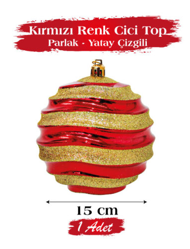 Yılbaşı Top Süs 15 Cm Beyaz Yatay Çizgili Parlak Kırmızı - 1
