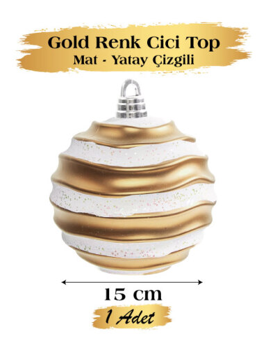 Yılbaşı Top Süs 15 Cm Beyaz Yatay Çizgili Mat Altın - 1