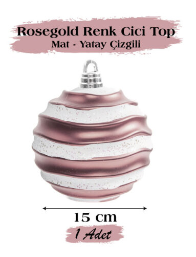Yılbaşı Top Süs 15 Cm Beyaz Yatay Çizgili Mat Rose Gold - 1
