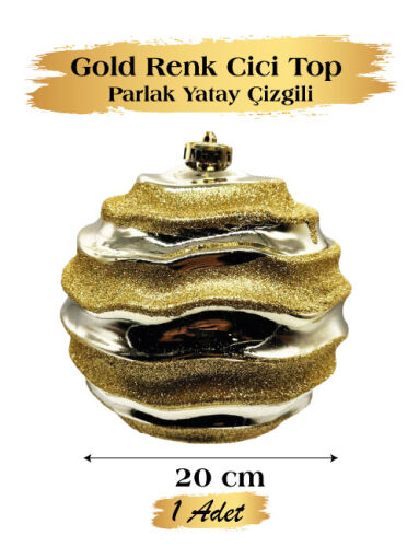 Yılbaşı Top Süs 15 Cm Beyaz Yatay Çizgili Parlak Altın - 1