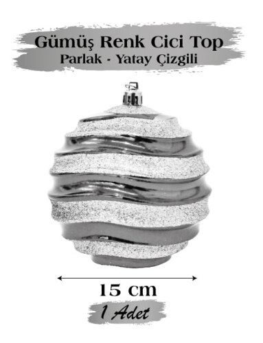 Yılbaşı Top Süs 15 Cm Beyaz Yatay Çizgili Parlak Gümüş - 1
