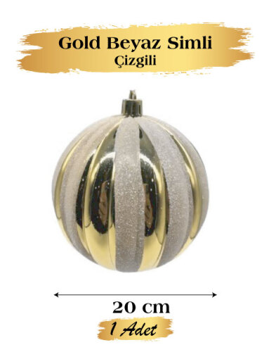 Yılbaşı Top Süs 20 Cm Beyaz Çizgili Simli Altın - 1