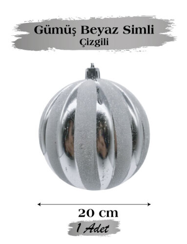 Yılbaşı Top Süs 20 Cm Beyaz Çizgili Simli Gümüş - 1